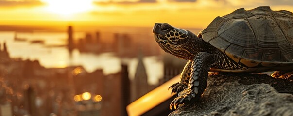 A turtle sitting on a ledge overlooking the city. Generative AI.