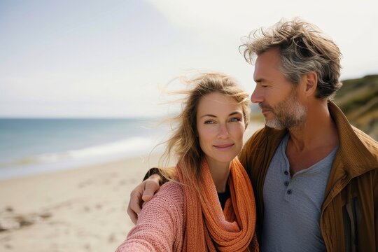 Content couple taking a joyful selfie together with the ocean in the background