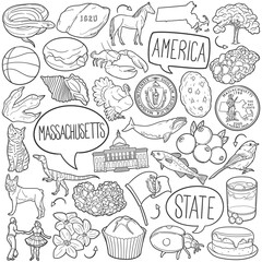 Massachusetts Doodle Icons Black and White Line Art. USA State Clipart Hand Drawn Symbol Design.