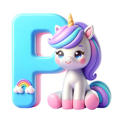 3d alphabet letter P with unicorn 