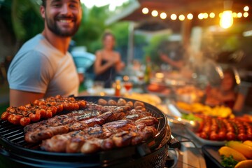 A smiling man with a beard stands by a barbecue grill, with a variety of grilled foods in focus