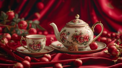 Antique tea set arrangement on red backdrop creating an elegant traditional still life