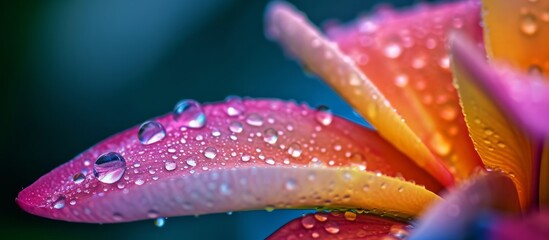 A closeup shot capturing the vibrant pink petals of a flower glistening with water drops, showcasing the beauty of natures moisture and dew on a terrestrial plant