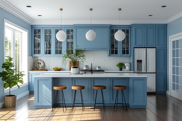 Elegant and stylish kitchen space with blue cabinetry, marble backsplash, and sleek pendant lighting over a central island