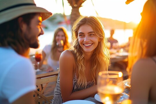 Radiant lady smiling at an outdoor summer gathering, highlighting fun and sociability