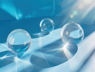 Clear glass balls on a serene blue backdrop, minimalist design, and basking in intense sunlight - a captivating setting.