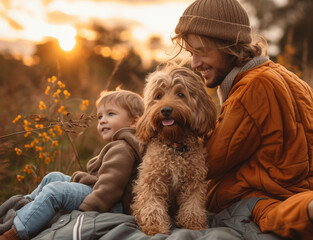 A father with two kids is sitting in a field during sunset with a happy dog