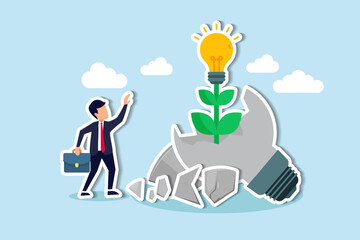 Failing sparks success, driving aspiration, innovation, learning from mistakes, and motivating achievement, cheerful businessman look at seedling bright lightbulb idea plant grow from broken one.