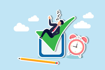 Effortlessly meeting deadlines, enhancing efficiency and productivity, ticking off tasks, completing checklists with ease concept, businessman relax sleep on complete checkbox with alarm clock.