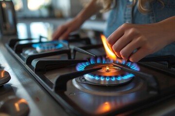 A person's hand is captured lighting a stove burner; the image highlights the blue flame in a contemporary kitchen - obrazy, fototapety, plakaty