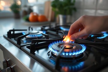 Close-up of a person's hand using a lighter to ignite a blue flame on a gas stove burner, preparing to cook a meal - obrazy, fototapety, plakaty
