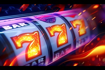 This image dramatizes the thrilling moment of a slot machine spin with dynamic motion blur capturing the number seven, suggesting a potential win - obrazy, fototapety, plakaty