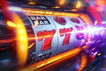 This image captures the heart of casino fun with a close-up on a slot machine reels displaying the iconic and lucky number seven amidst a bright, colorful backdrop