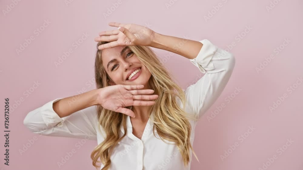 Sticker Cheerful young blonde woman playing peek a boo! standing in a pink, isolated background, showing a joyfully surprised face with her hands while wearing a shirt.