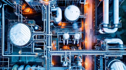 Top-down view of a complex industrial facility with pipes and tanks illuminated at night.