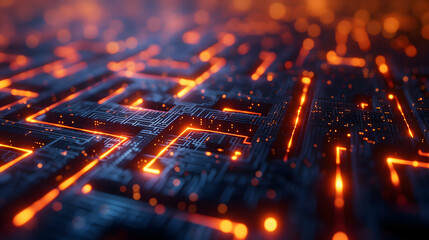 Abstract holographic microchip interface in 3d algorithm maze concept. Vibrant red neon color. - obrazy, fototapety, plakaty