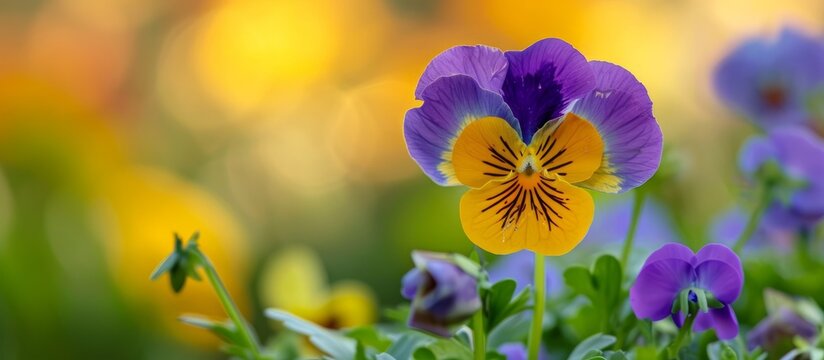 A close up of a wild pansy flower with purple petals and a yellow center against a yellow background, showcasing the beauty of this flowering plant through macro photography
