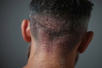 Fototapeta premium Detailed image capturing the struggle with psoriasis, showcasing flaky, red, and patchy skin on man's scalp