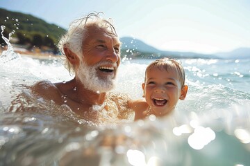 Joyful senior man with grandchild laughing in the ocean with splashing water - obrazy, fototapety, plakaty