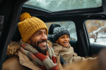 A cheerful father and son duo enjoying a car trip together on a snowy day, both wearing winter attire
