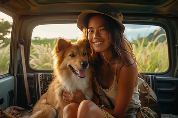 A serene scene of a woman and her pet dog enjoying the warm glow of sunset inside a vehicle