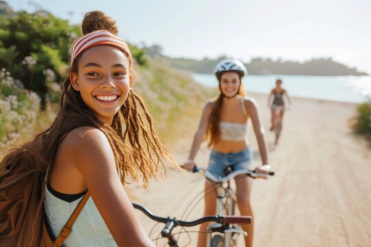 Smiling teenage girls enjoying a leisurely bicycle ride on a beachfront path on a sunny day