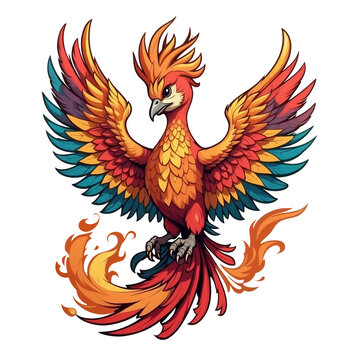 Elegant cartoon phoenix bird in fire red color