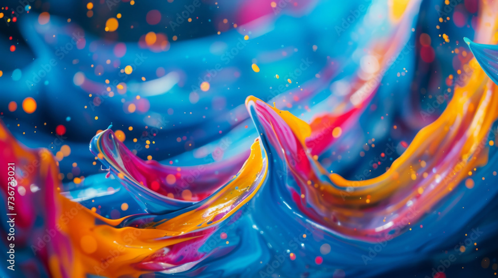 Poster ribbons of paint elegantly cascading seemingly defying gravity as they stretch and twist across the 