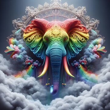 Rainbow elephant surrounded by lacey fog.
