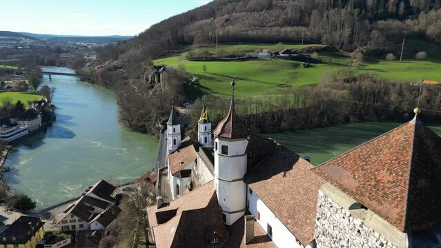 Aarburg Aargau Switzerland castle turrets and river in unreal aerial view