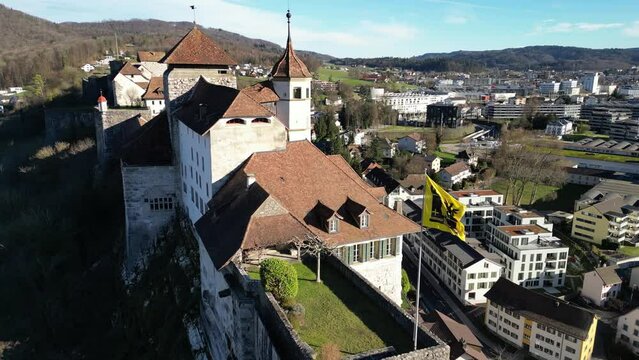 Aarburg Aargau Switzerland pullback flight to reveal historic castle