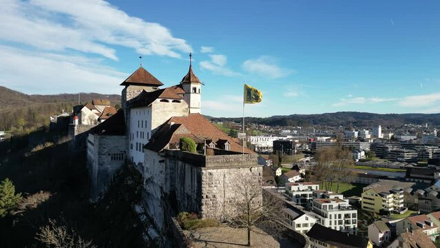 Aarburg Aargau Switzerland backlit castle flag slow approach