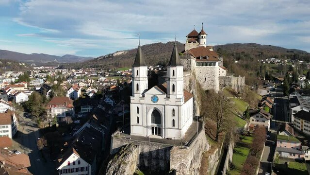 Aarburg Aargau Switzerland closeup of clocktowers reverse flight to reveal area