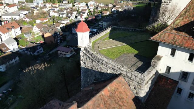 Aarburg Aargau Switzerland fly over rooftop terrace and look into village