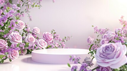 Obraz na płótnie Canvas Podium background flower rose product pink 3d spring table beauty stand display nature white. Garden rose floral summer background podium cosmetic valentine easter field scene gift purple day romantic