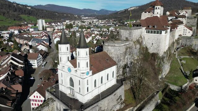 Aarburg Aargau Switzerland hilltop historic castle with busy downtown below