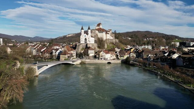 Aarburg Aargau Switzerland famous castle sits above the river slow approach aerial