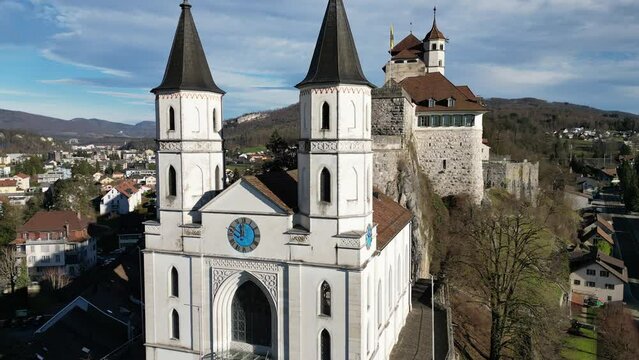 Aarburg Aargau Switzerland closeup view of castle clock towers