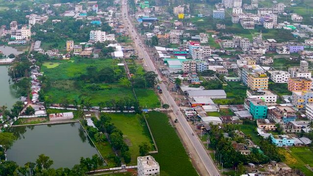 Barisal Asian urbanized city in Bangladesh occupying property plots. Aerial