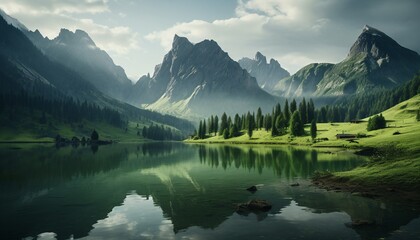 a lake surrounded by mountains - obrazy, fototapety, plakaty