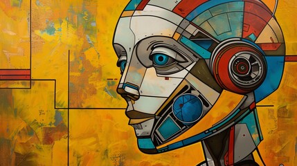 painting of a robot over geometric yellow shapes 