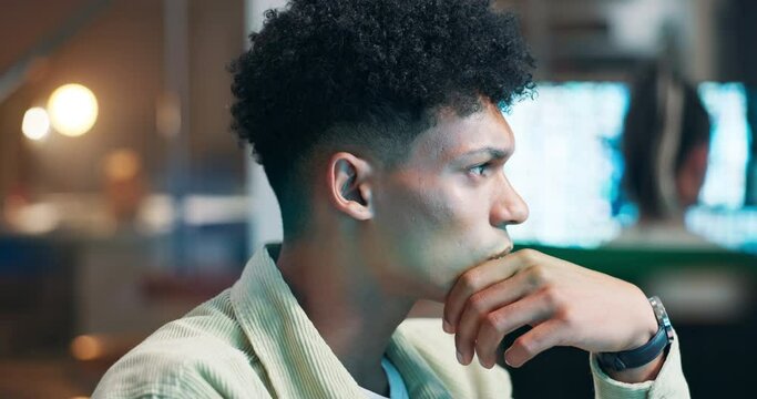 Man, thinking and working in office on connection, reading and online for problem solving in information technology. Software developer, idea and planning by computer screen or programming at night