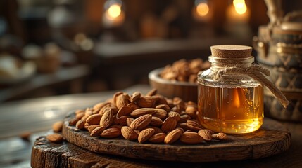 Rustic almonds and honey setup invoking a sense of natural sweetness and tradition