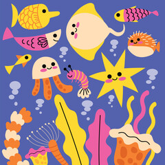 Fototapeta na wymiar Under the sea illustration flat design cute doodle