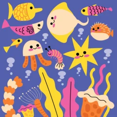 Fototapete Meeresleben Under the sea illustration flat design cute doodle