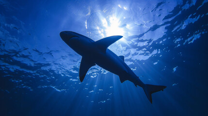 The majestic outline of a shark cruising through the ocean depths.