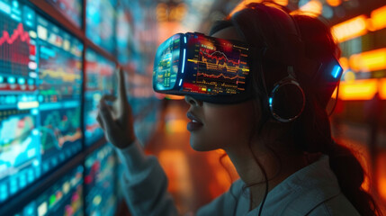 A futuristic stock market trading floor with traders and investors wearing virtual reality headsets and using gesture controls to buy and sell stocks in a fully immersive