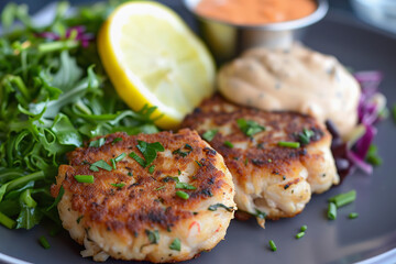 Crab Cakes. Savory Grilled Seafood Cakes with Fresh Salad