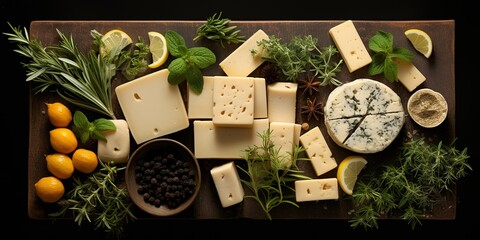 various varieties of cheese and very delicious pieces of cheese on the table - obrazy, fototapety, plakaty