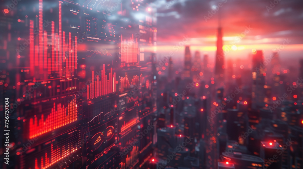 Poster a futuristic cityscape with tall sleek buildings featuring interactive holographic projections of fi
